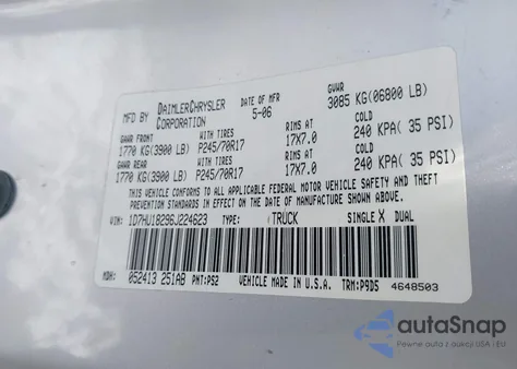 2006 Dodge Ram 1500 St z USA, uszkodzony, nr VIN 1D7HU18296J224623
